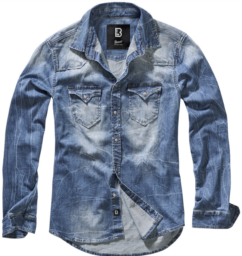 Brandit Riley Denim Shirt Long Sleeve Straight Cut Urban Style Denim Blue