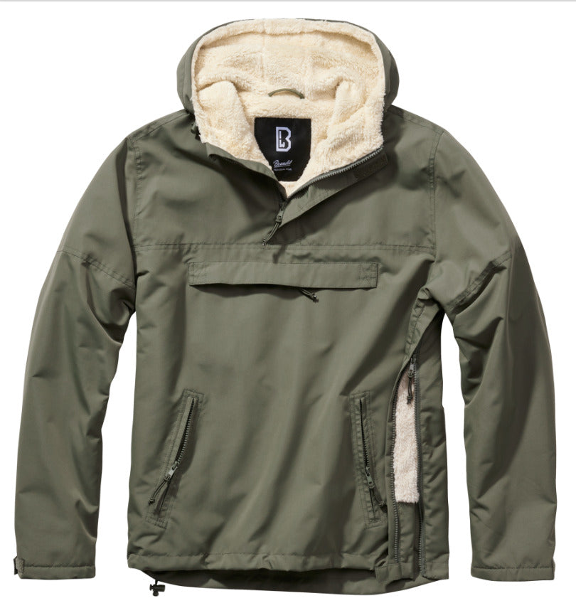 Brandit Windbreaker Anorak Sherpa Lining Fur Hoodie Rain Jacket Olive