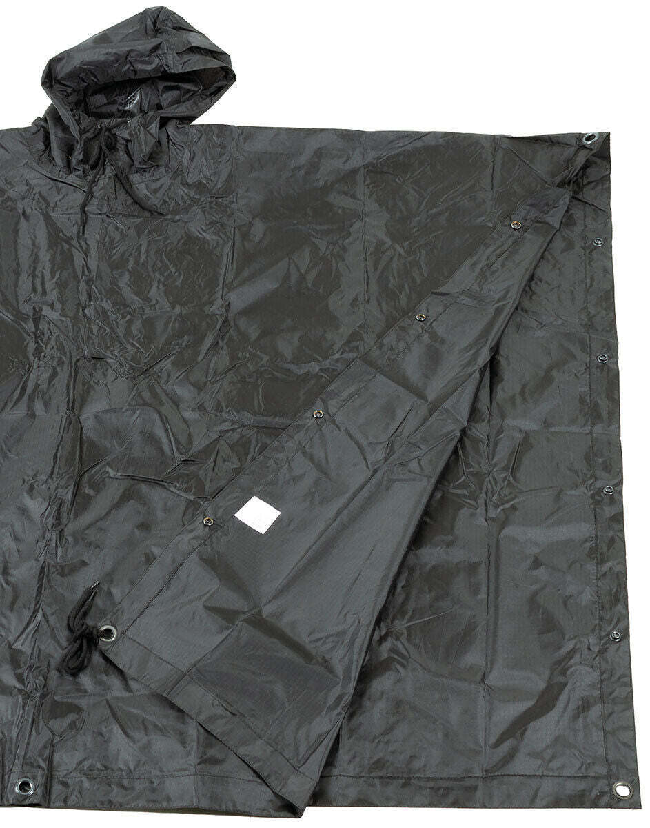 Waterproof Ripstop Poncho Hooded Festival Rain Coat Army Camo Shelter Black