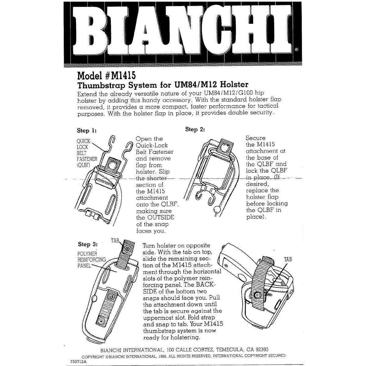 Original Military Army Thumbstrap System BIANCHI M1415 Black New