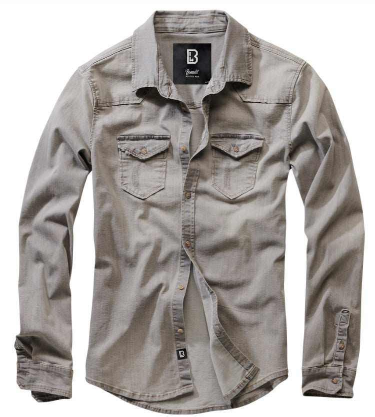 Brandit Riley Denim Shirt Long Sleeve Straight Cut Urban Style Grey Denim