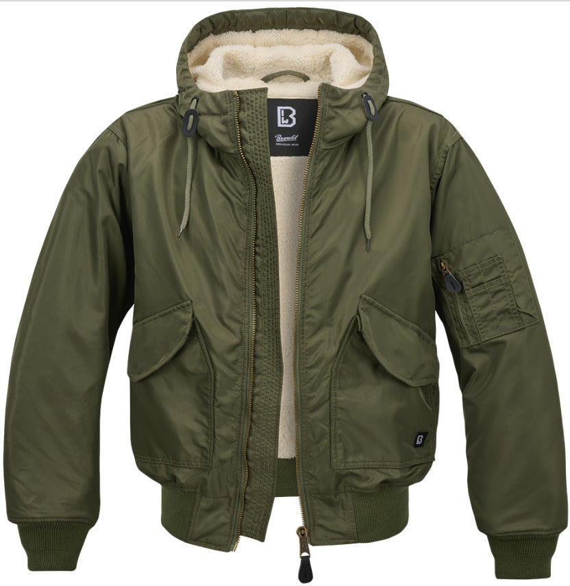 Brandit CWU Hooded Jacket Warm Aviator Wind Water Repellent Material Green
