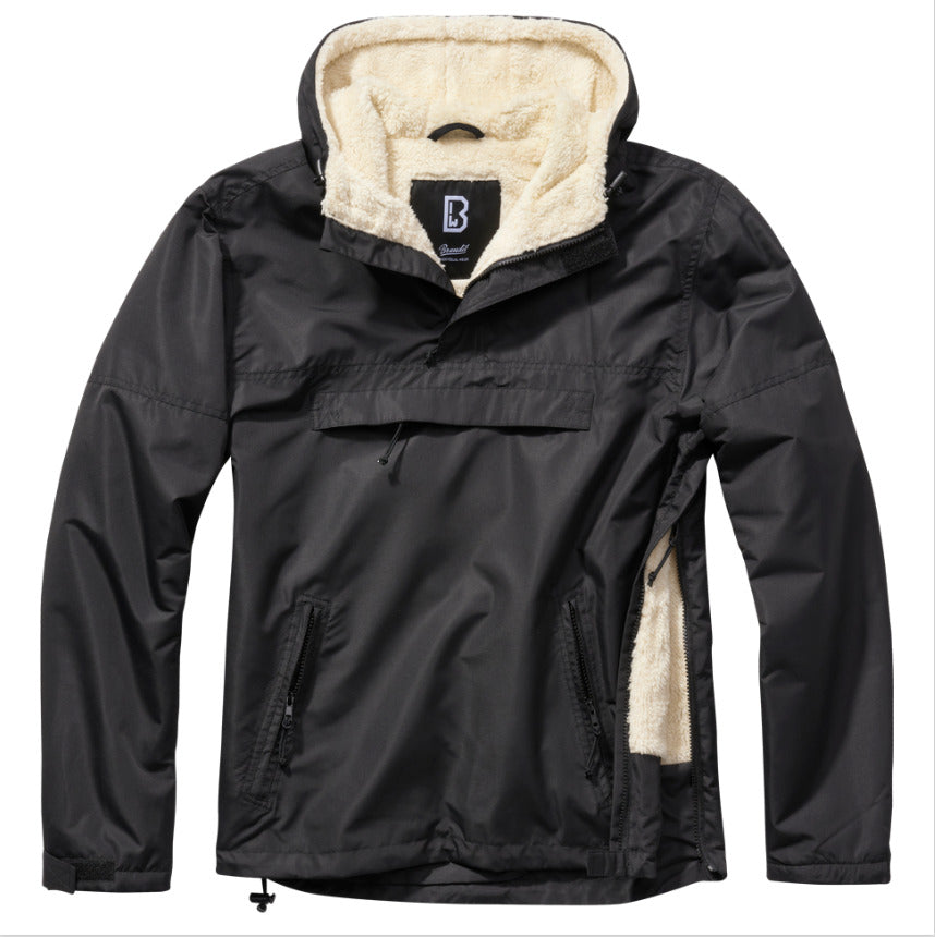 Brandit Windbreaker Anorak Sherpa Lining Fur Hoodie Rain Jacket Black
