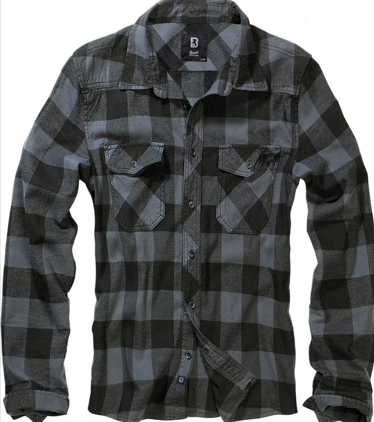Brandit Classic Cotton Check Flannel Top Mens Long Sleeve Work Shirt Black/Grey