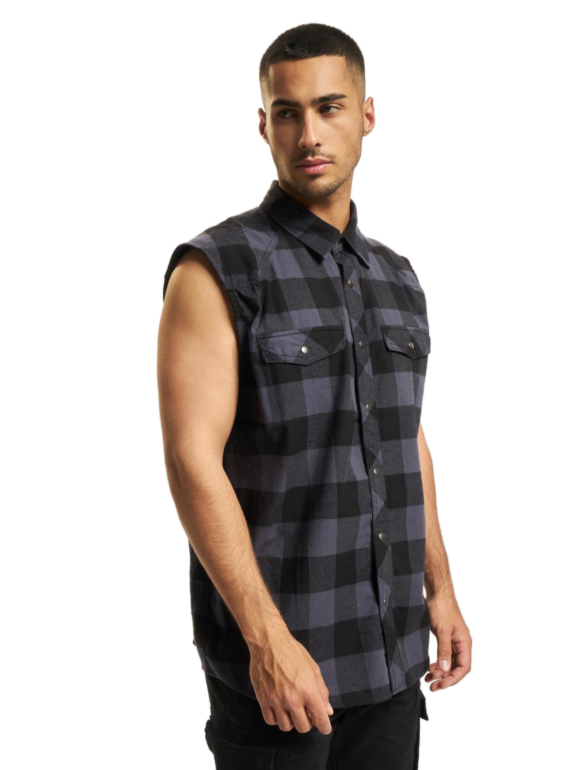 Brandit Men’s Sleeveless Check Shirt – Black/Grey Button-Up Casual Summer Top