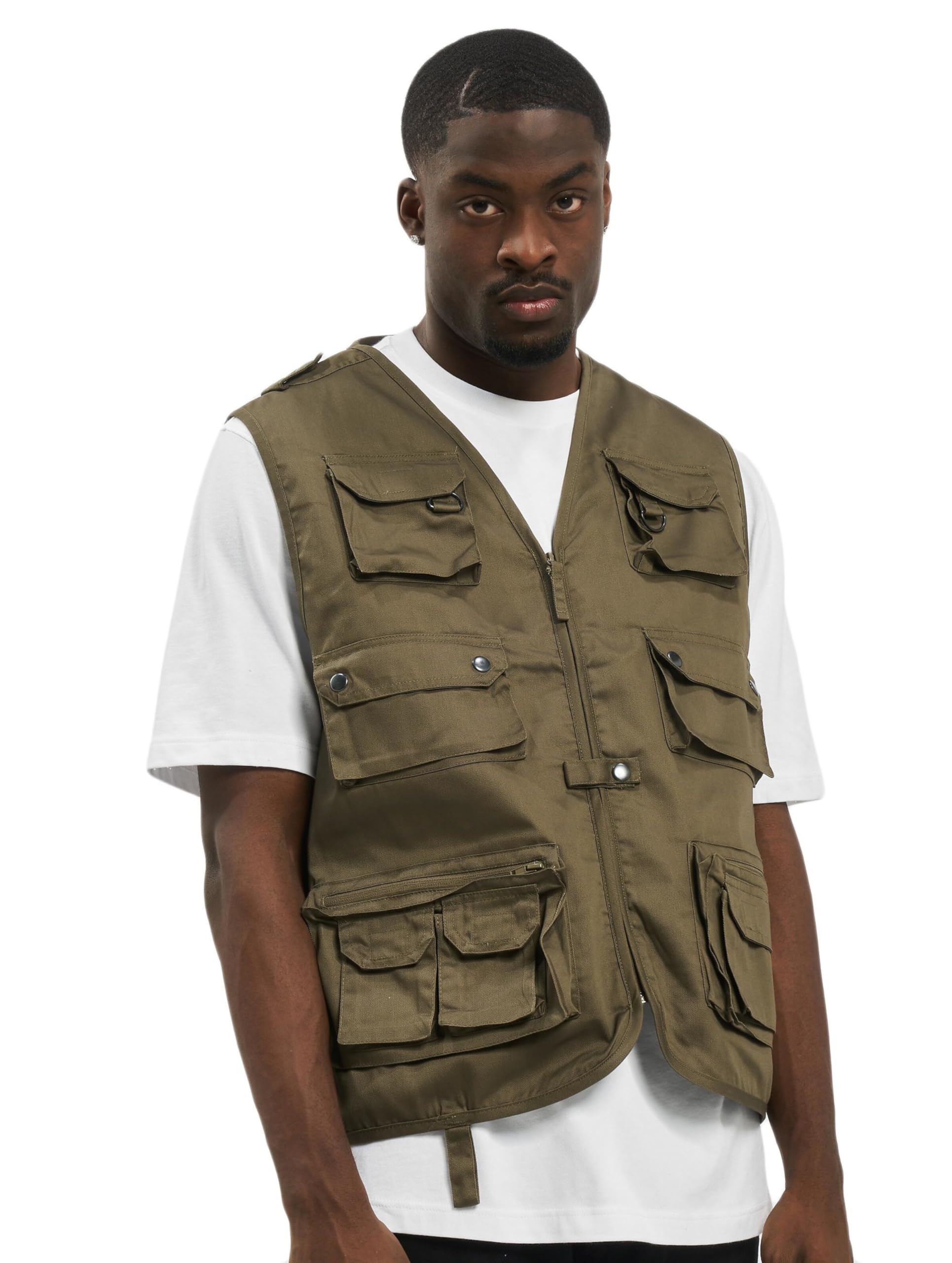 Brandit Men’s Hunting Vest – Olive Outdoor Multi-Pocket Utility Vest, Size XXL