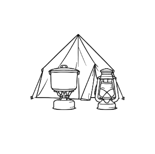 Outline of a camping stove and lantern on a white background