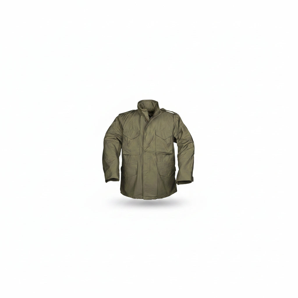 M65 Teesar Military Field Jacket US Army Style Black Cold Weather Coat with hidden front zipper, snap fasteners, large pockets with flaps, and a hidden hood.