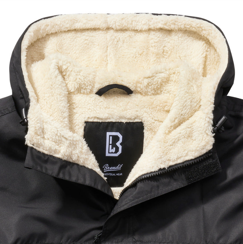 Brandit Windbreaker Anorak Sherpa  Lining Fur Hoodie Rain Jacket Black