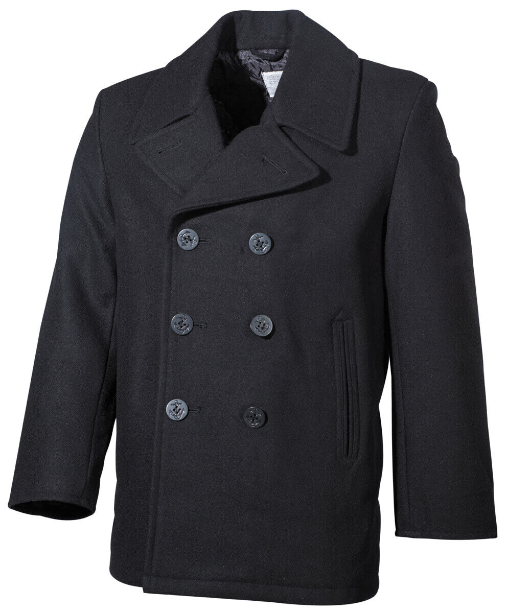 US Classic Marine Army Pea Winter Military Coat Jacket Black 50% Wool