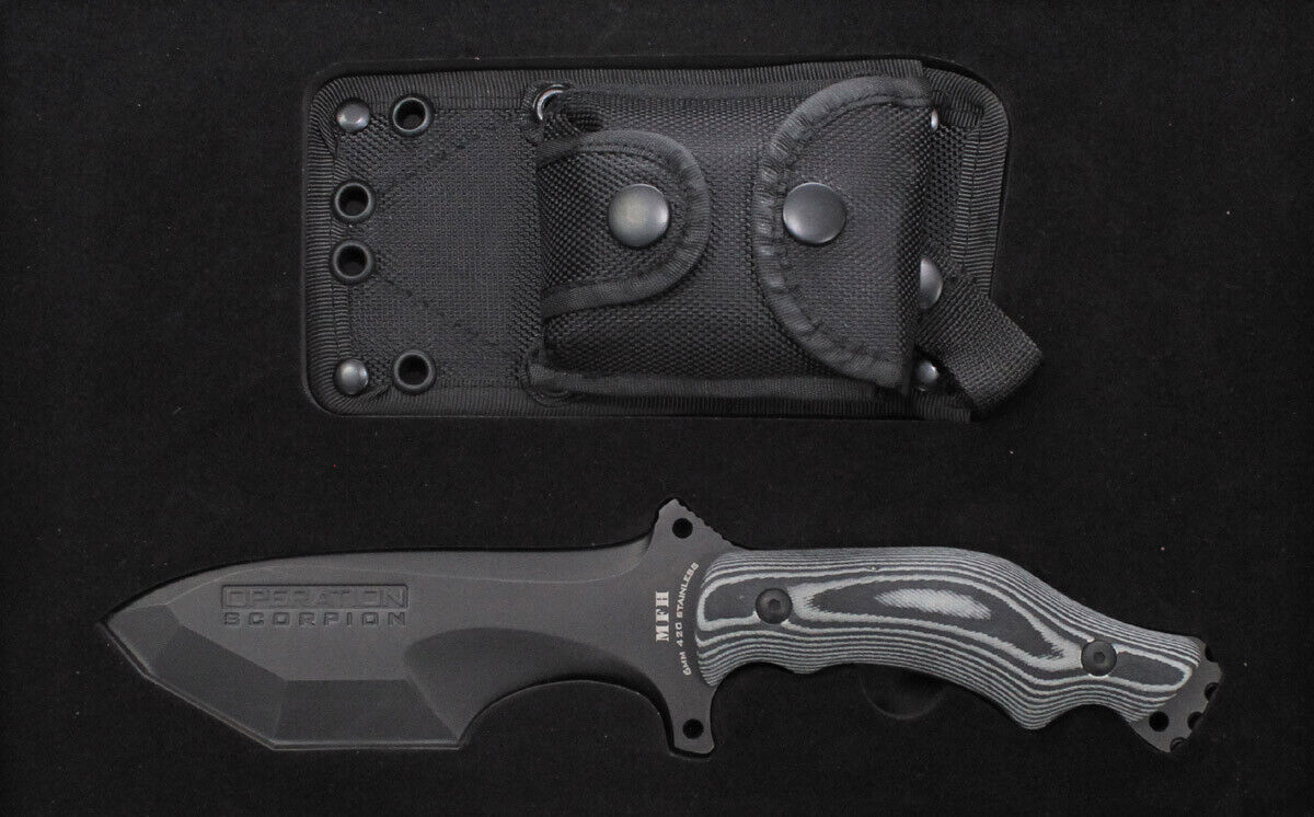 Military Outdoor Hunting Knife Operation Scorpion Black Micarta handle Sheath