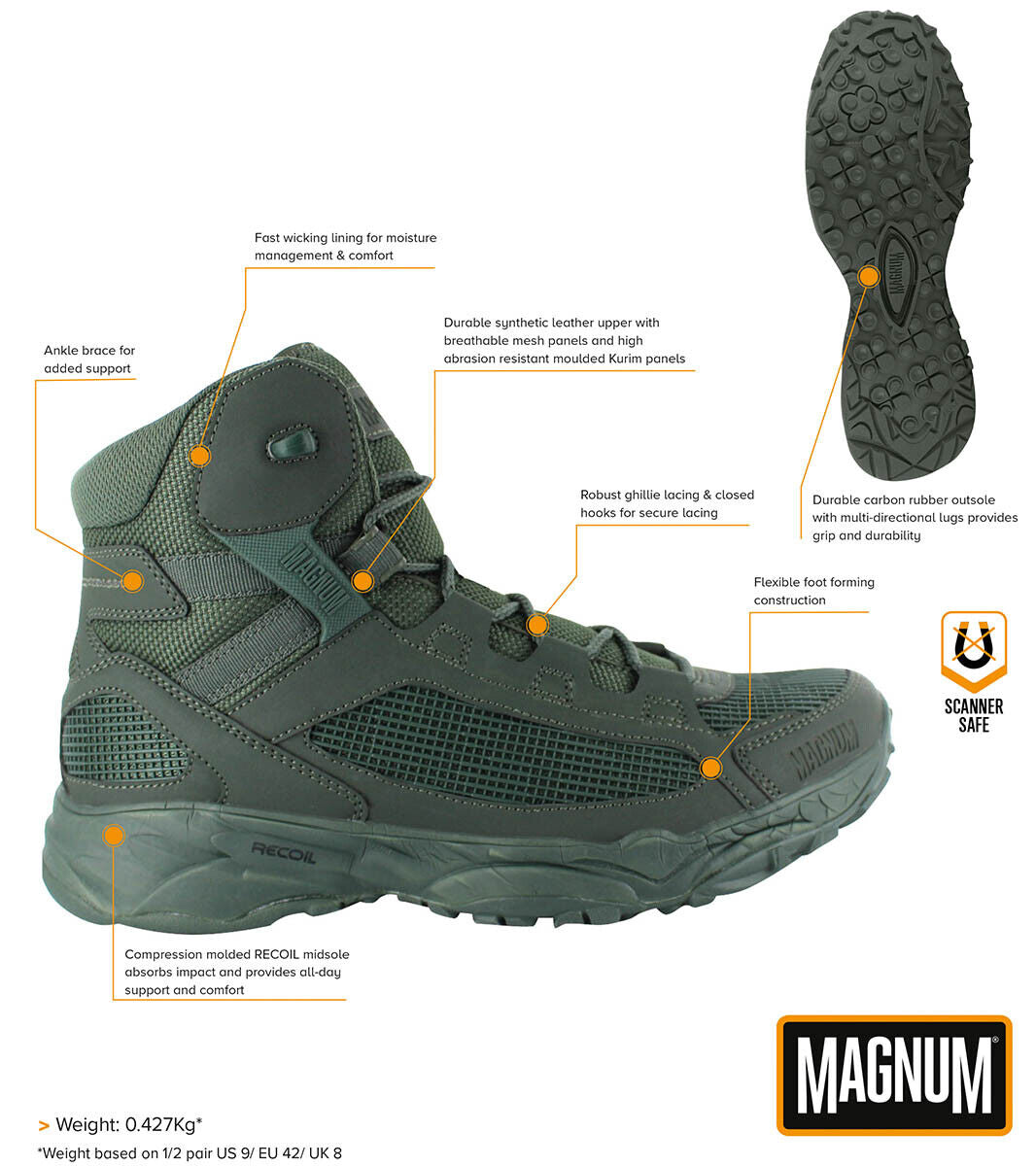Combat Boots MAGNUM Assault Tactical 5.0 OD Green Police Military Lightweight