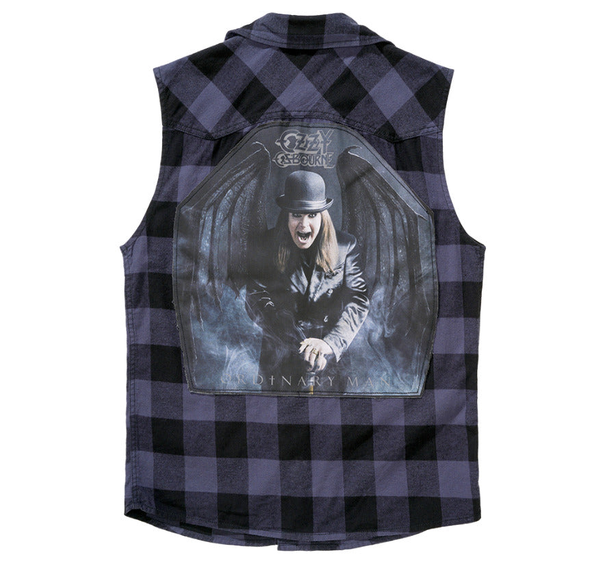 Brandit Ozzy Osbourne Check Shirt Sleeveless Vest Shirt Black Grey