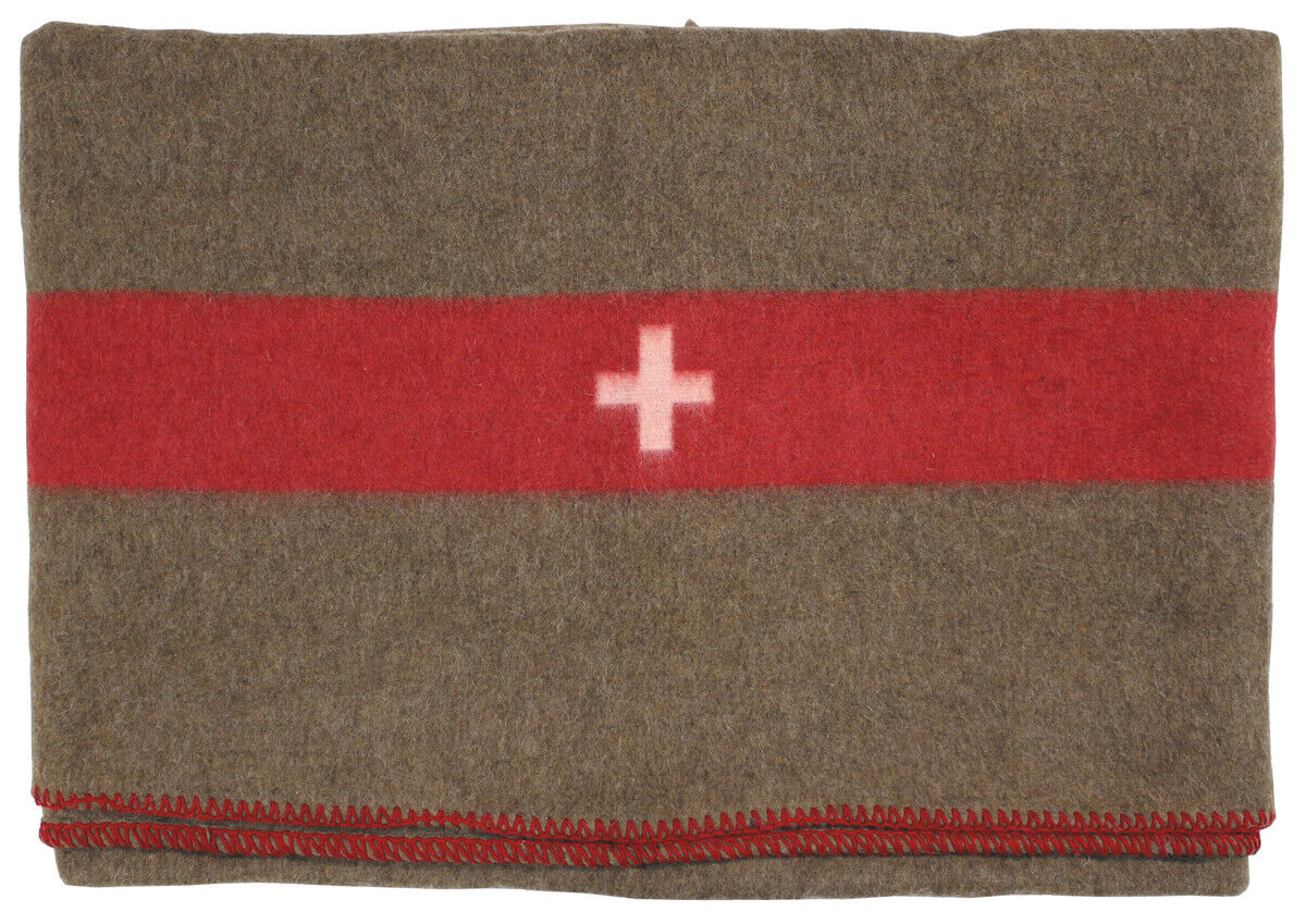 Swiss Army Wool Blanket With Red Cross Brown ca. 200 x 150 cm