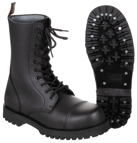 Pure Trash Black 10-Hole Army Boots Steel Cap Double Sewn Leather Metal Eyelets