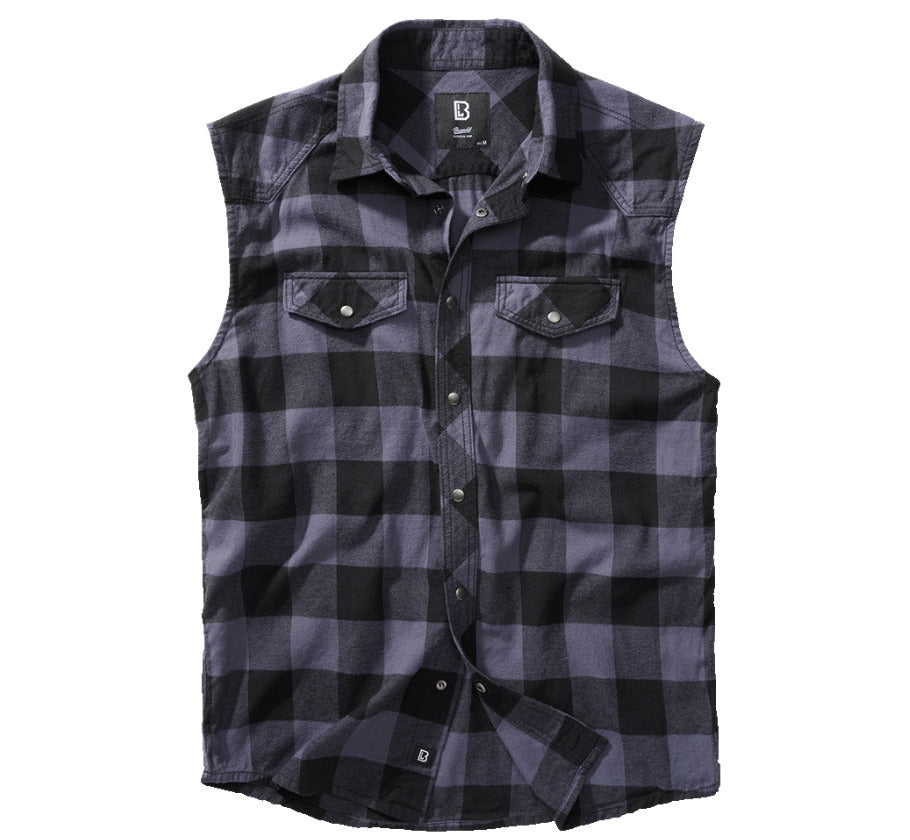 Brandit Classic Cotton Check Flannel Top Mens Sleeve Less Work Shirt Black/Grey