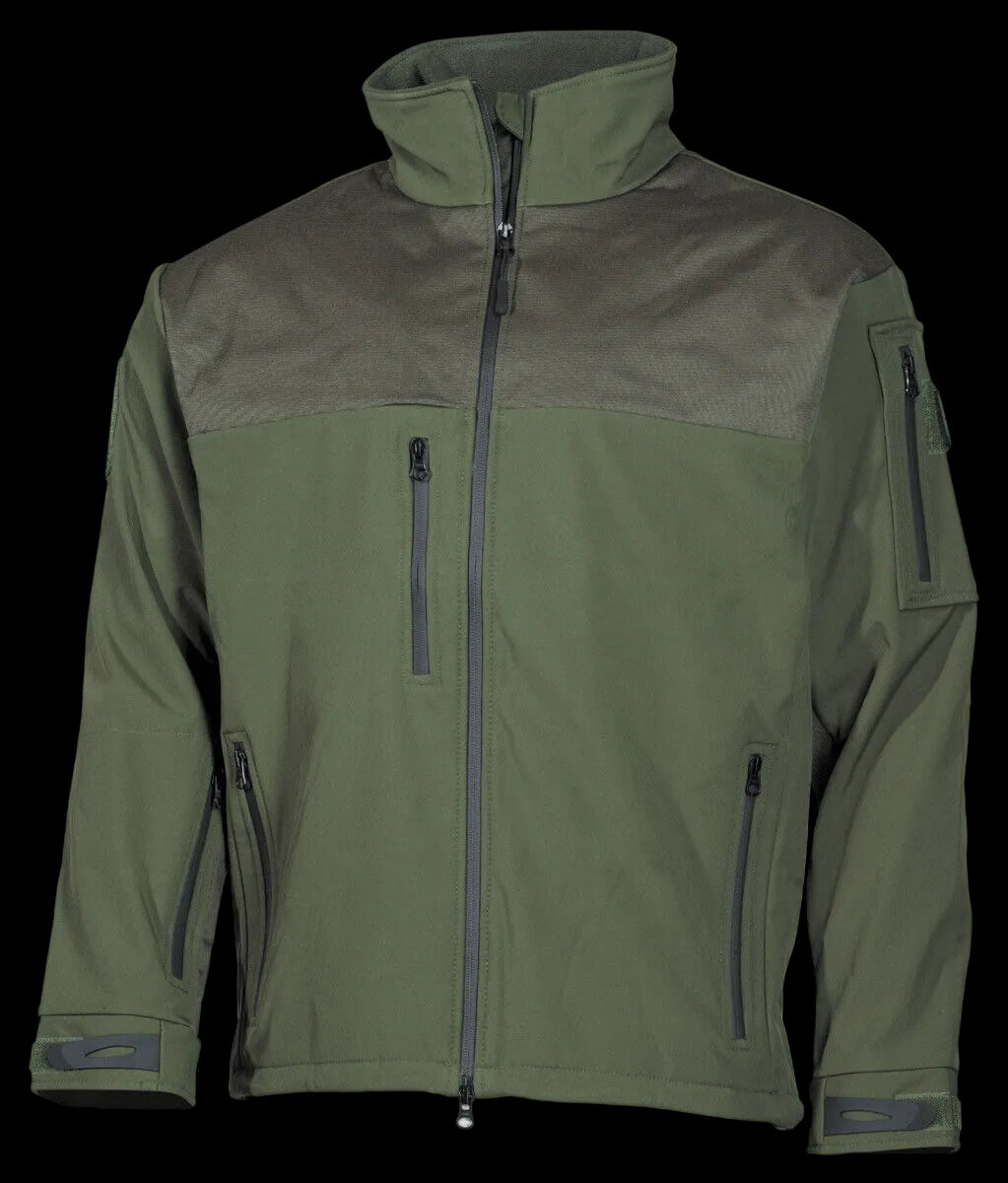 A green Australia windproof and waterproof soft shell jacket with multiple pockets and zippers, designed for men's military or outdoor activities.