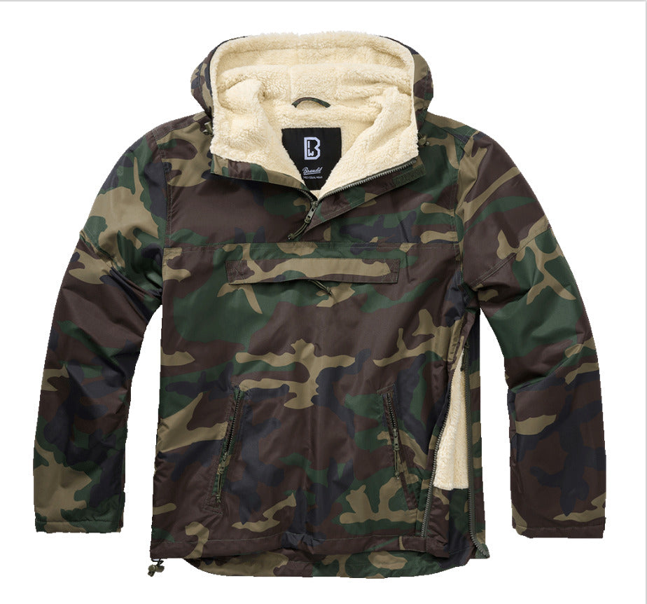 Brandit Windbreaker Anorak Sherpa  Lining Fur Hoodie Rain Jacket Woodland Camo
