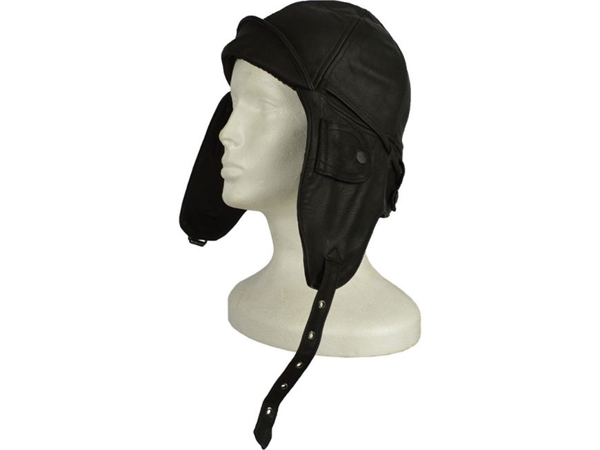 Vintage Aviation Helmet Pilot Cap Leather Lining 100% Cotton Black