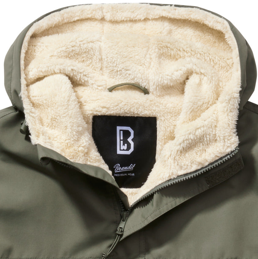 Brandit Windbreaker Anorak Sherpa  Lining Fur Hoodie Rain Jacket Olive