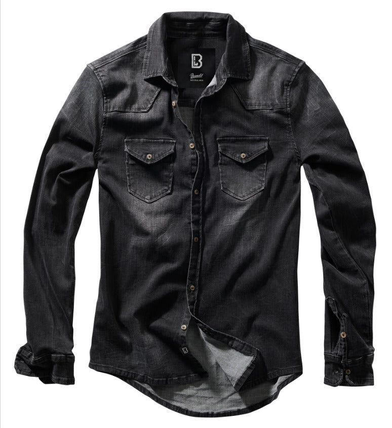 Brandit Riley Denim Shirt Long Sleeve Straight Cut Urban Style Black