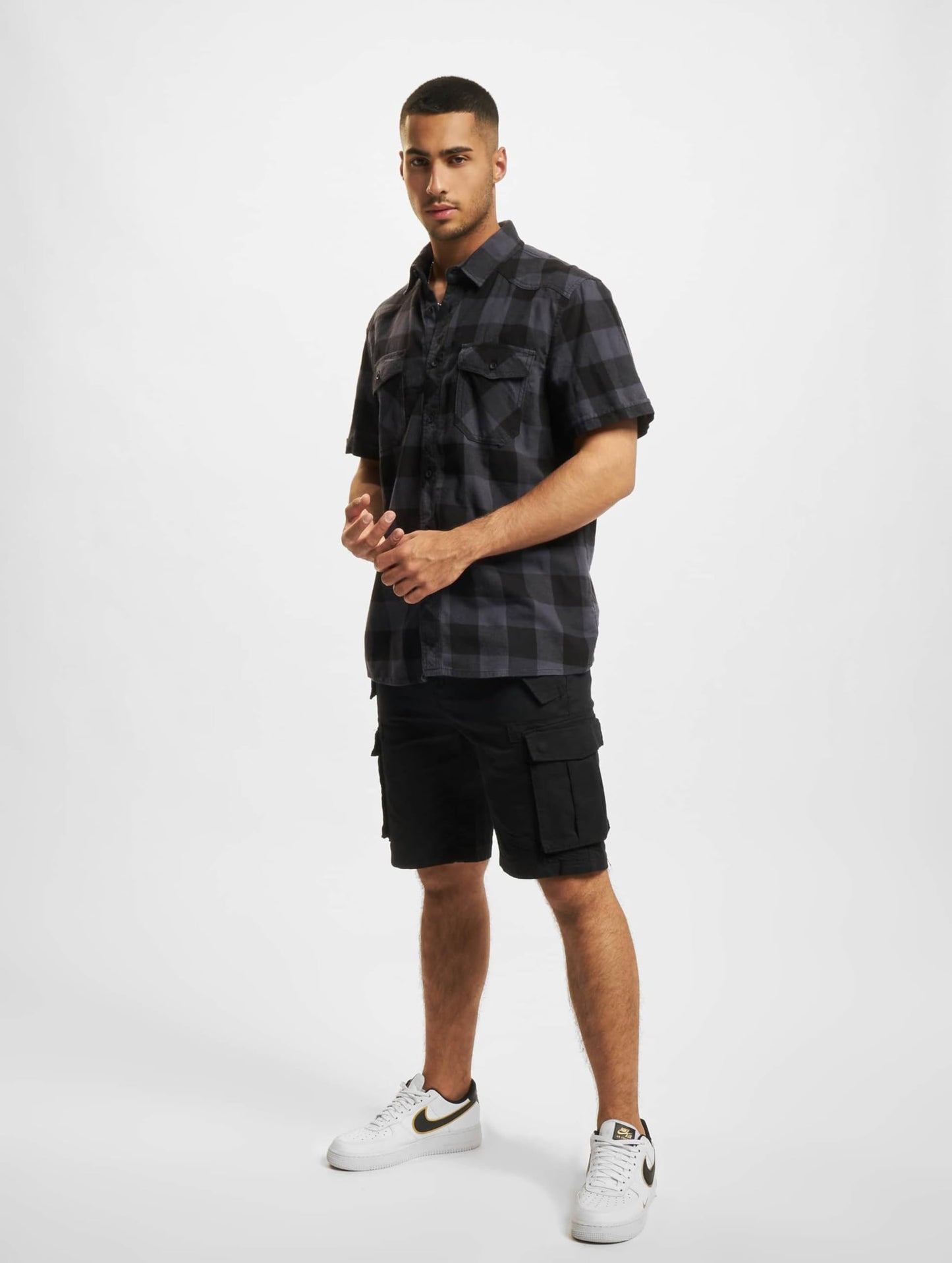 Brandit Men’s Checked Flannel Shirt – Black/Grey Half-Sleeve Lumberjack, 5XL