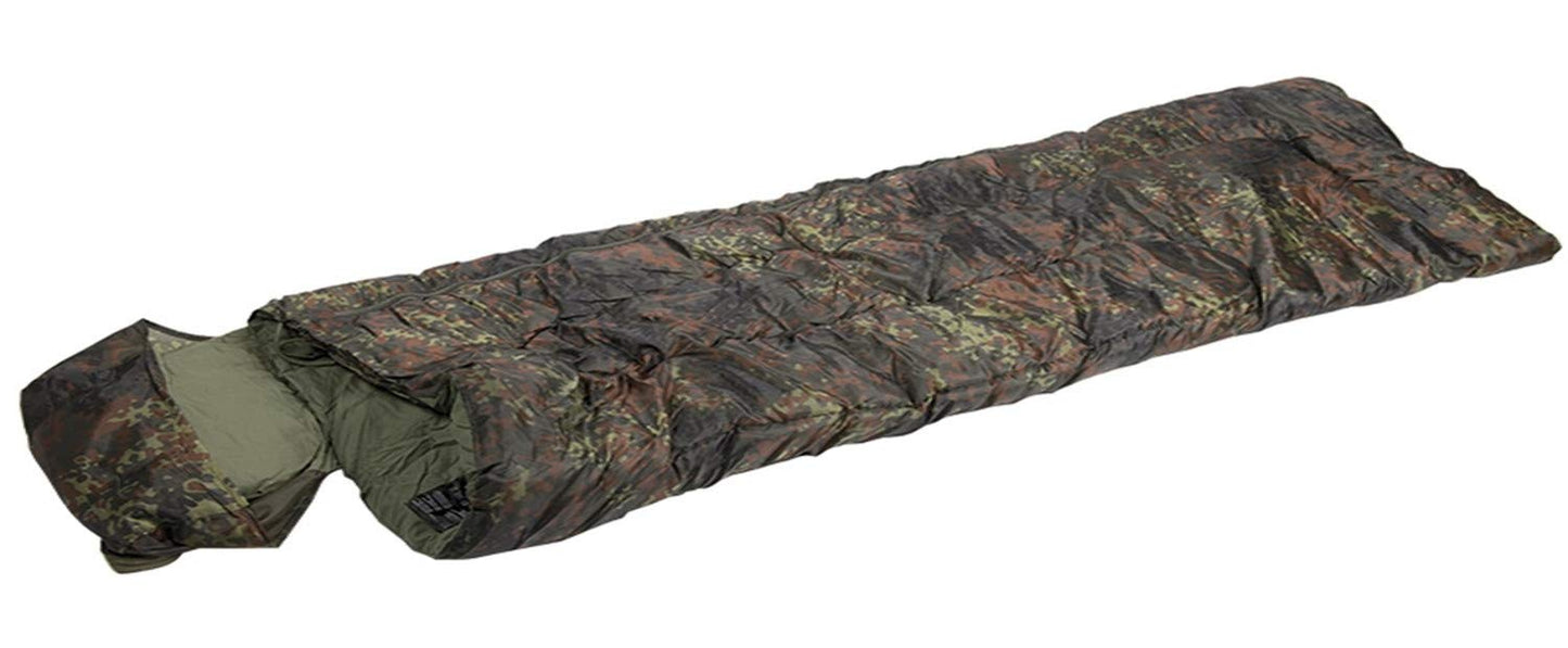 Mil-Tec Pilot Sleeping Bag Flecktarn Camo – 4-Season Mummy Bag with Pillow
