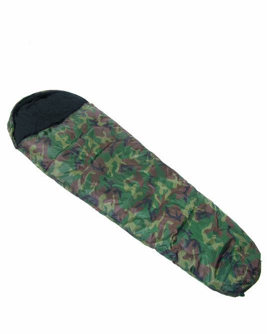 Mil-Tec 2-Layer Sleeping Bag Woodland Camo – Warm Mummy Style All-Season Bag