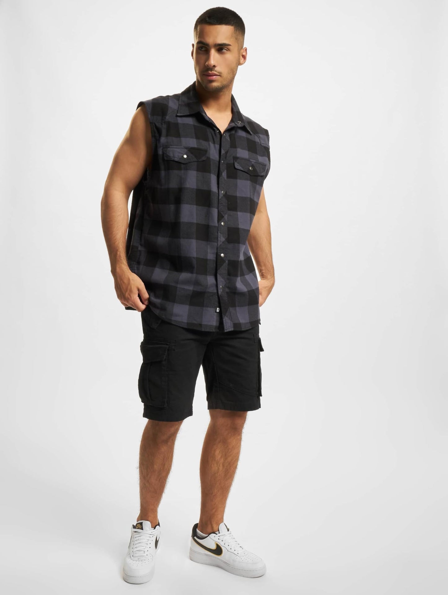 Brandit Men’s Sleeveless Check Shirt – Black/Grey Button-Up Casual Summer Top