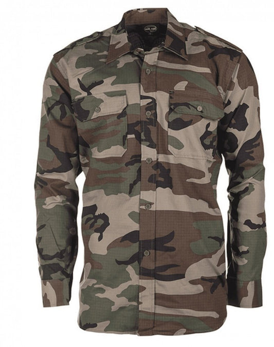 Mil-Tec Ripstop Shirt Woodland Camo Long Sleeve 100% Cotton Field Top
