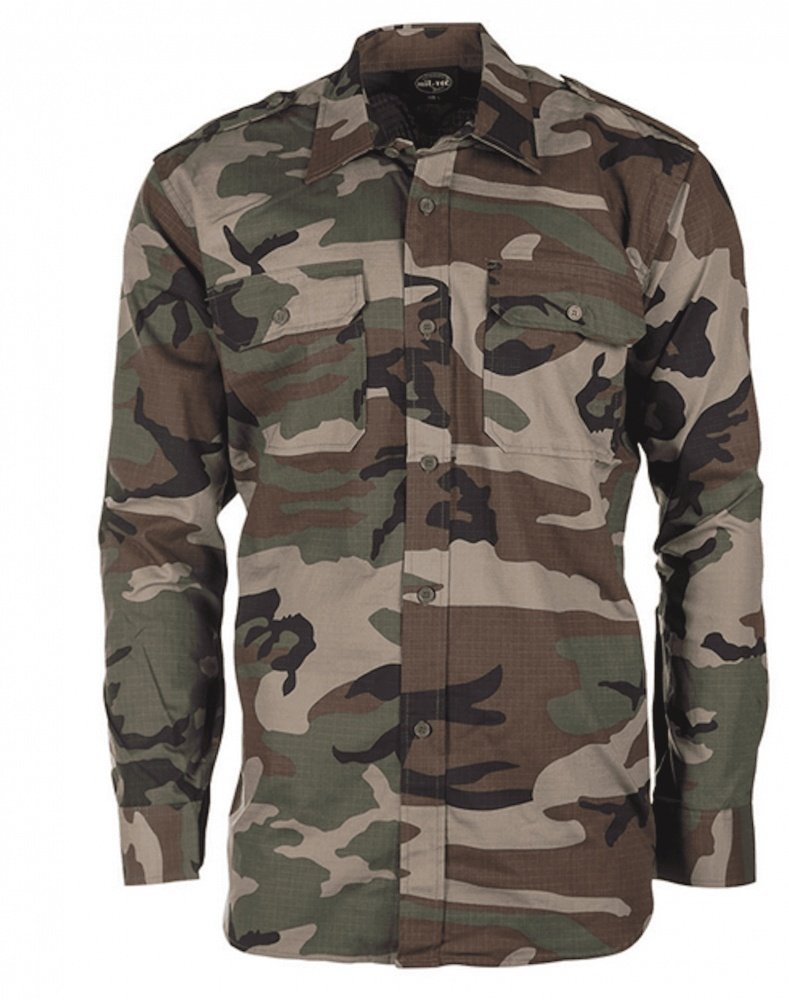 Mil-Tec Ripstop Shirt Woodland Camo Long Sleeve 100% Cotton Field Top