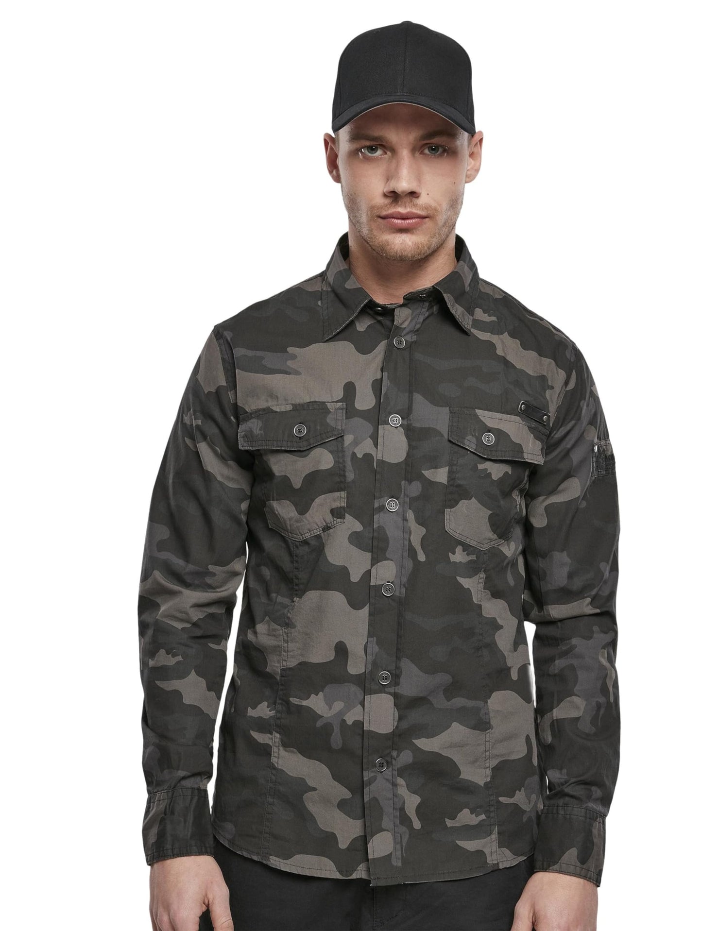 Brandit Men’s Slimfit Shirt – Woodland Camo Military Style Casual Button-Up