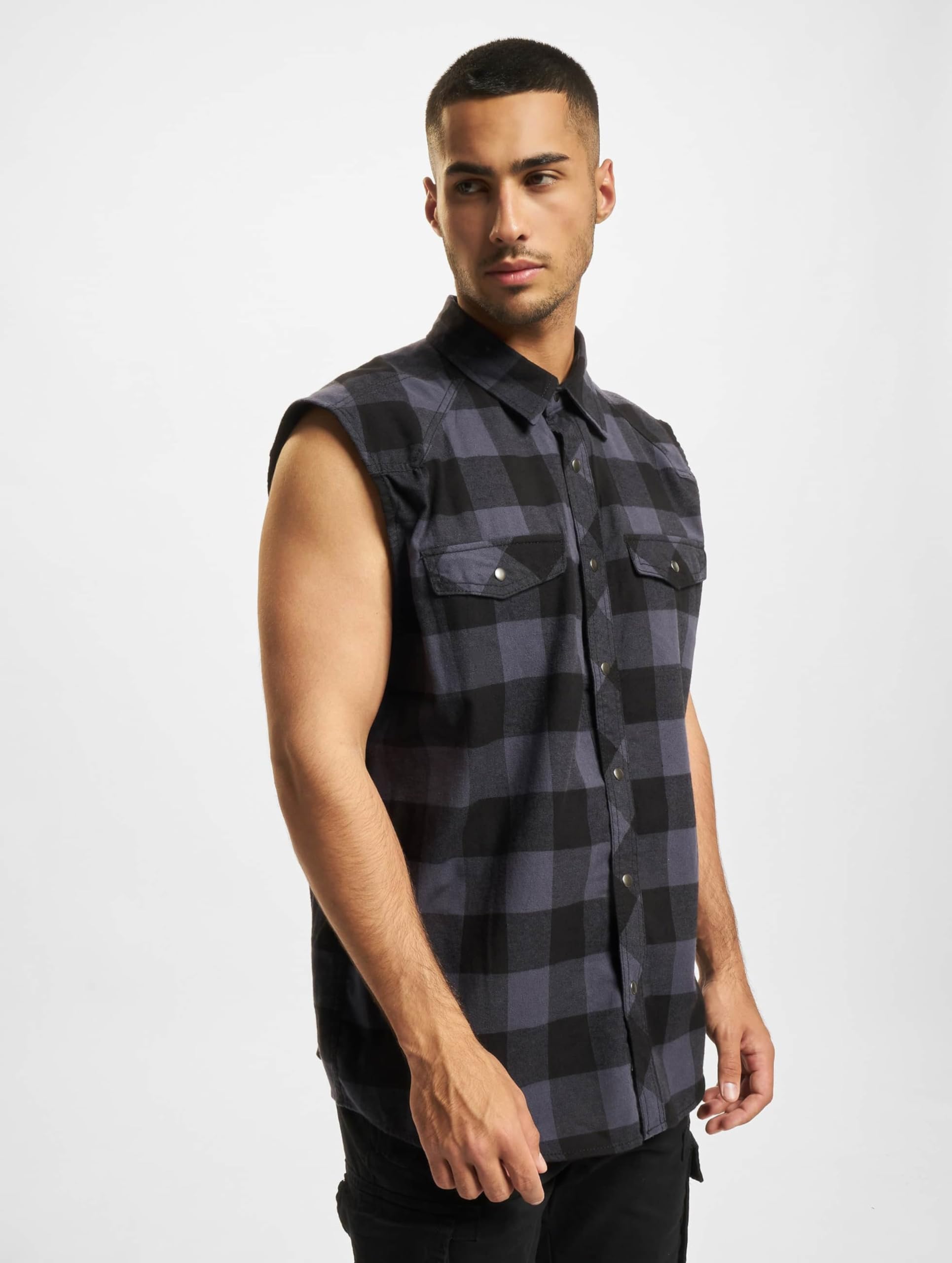 Brandit Men’s Sleeveless Check Shirt – Black/Grey Button-Up Casual Summer Top