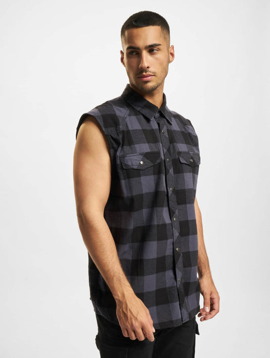 Brandit Men’s Sleeveless Check Shirt – Black/Grey Button-Up Casual Summer Top