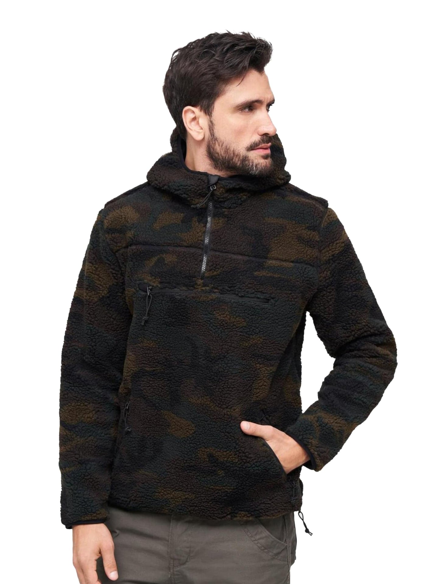 Brandit Men’s Hooded Fleece Quarter Zip Pullover | Warm Outdoor Hoodie