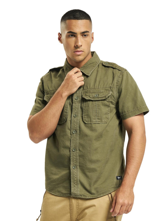 Brandit Men’s Vintage Shirt – Olive Short Sleeve Military Style Button-Up, L
