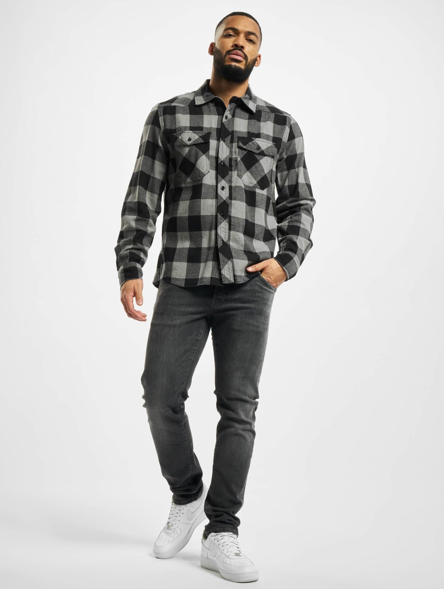 Brandit Men’s Check Shirt – Black/Charcoal Gray Casual Button-Up, Size M