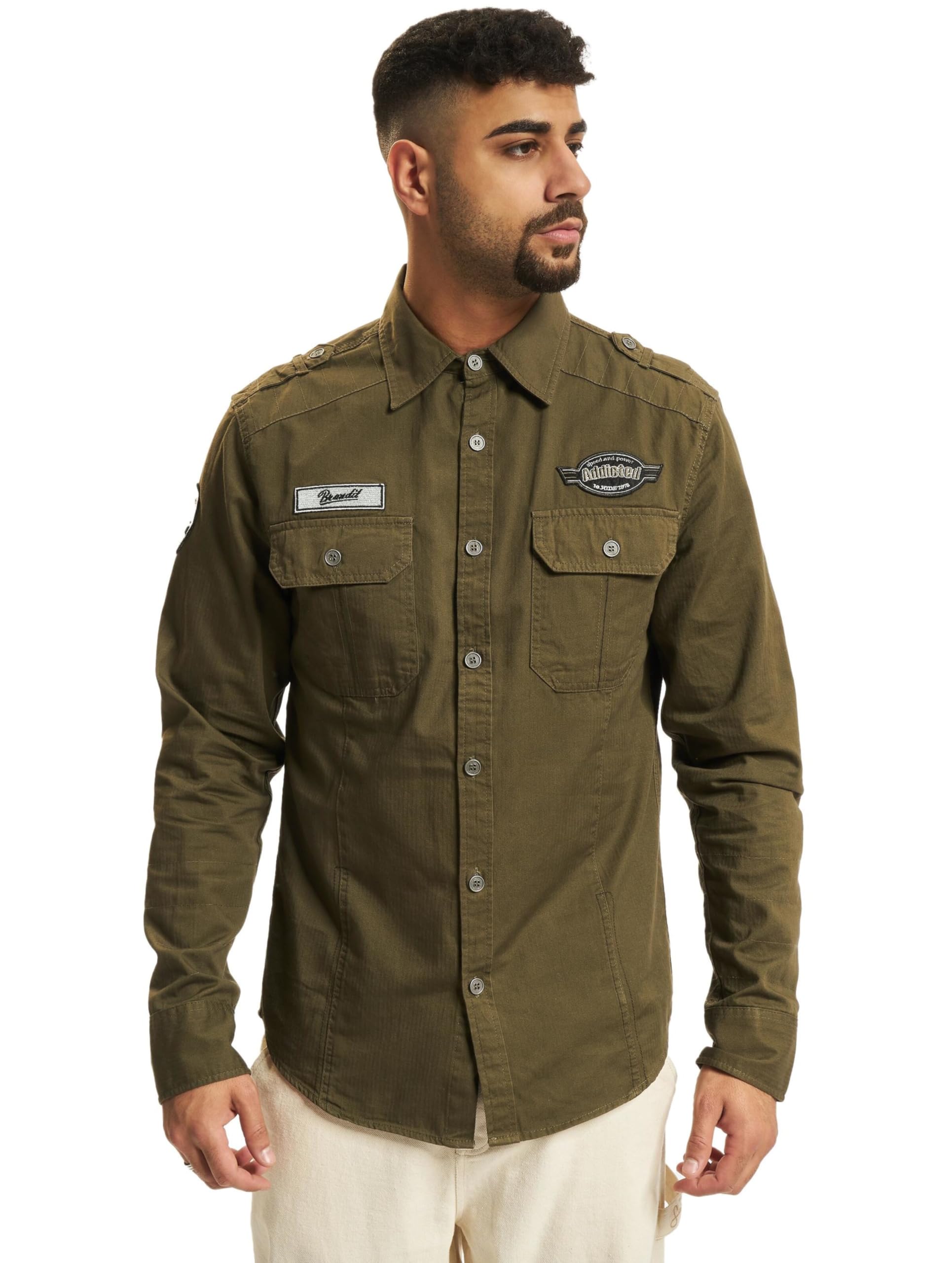 Brandit Men’s Luis Vintage Shirt with Badges – Olive Military Style, Size L