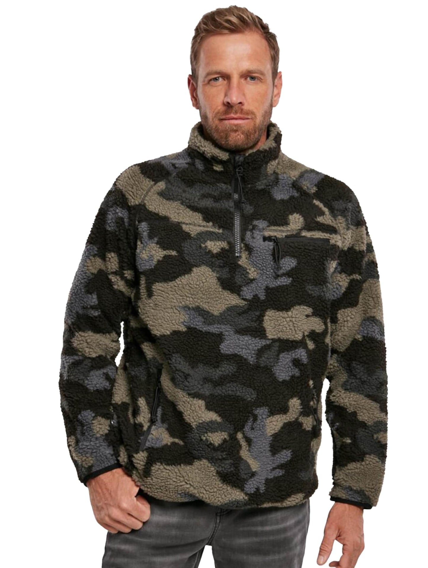 Brandit Men’s Teddyfleece Troyer Dark Camo M | Warm Pullover Outdoor Sweater