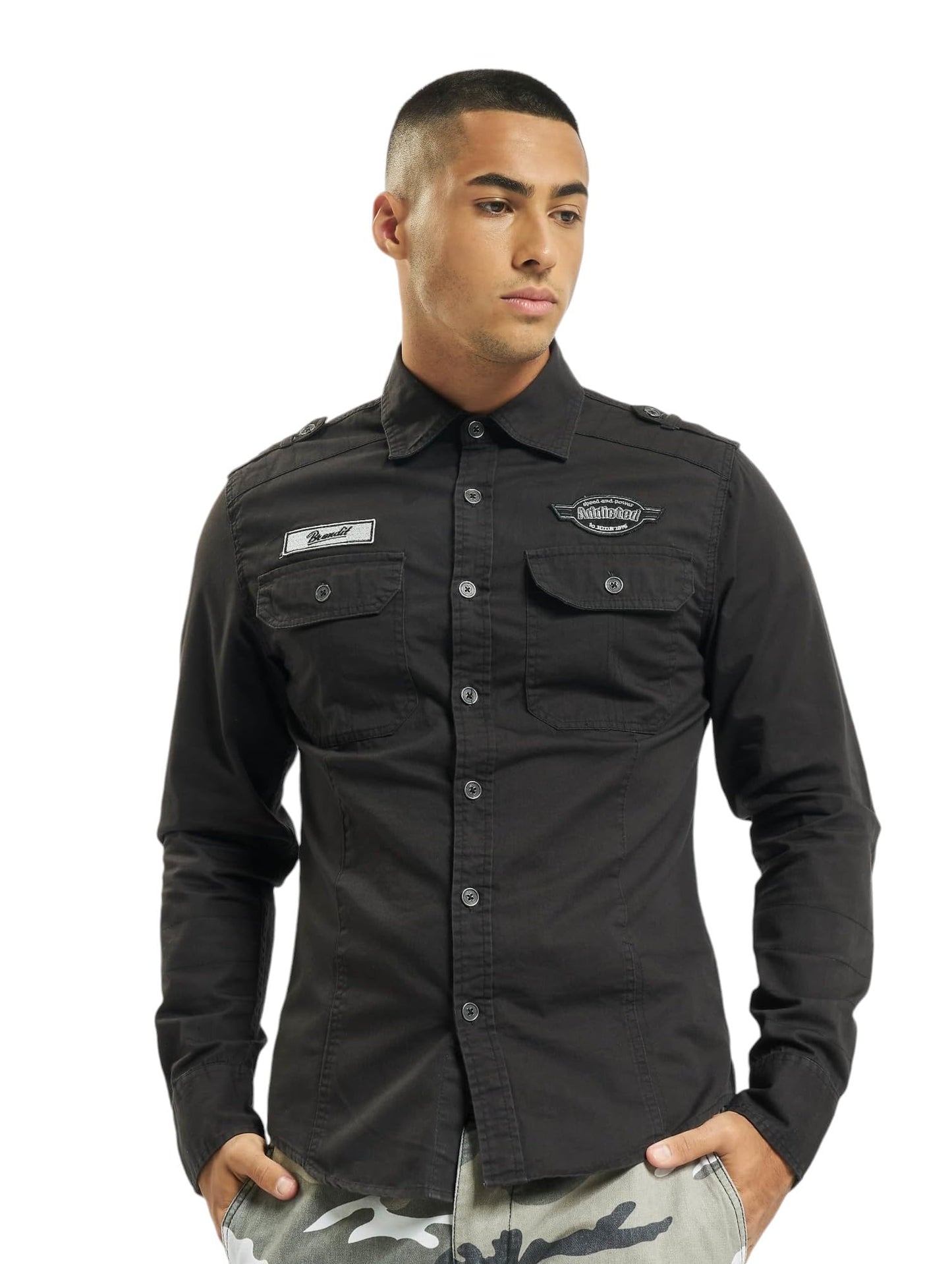 Brandit Men’s Luis Vintage Shirt with Badges – Black Military Style Button-Up