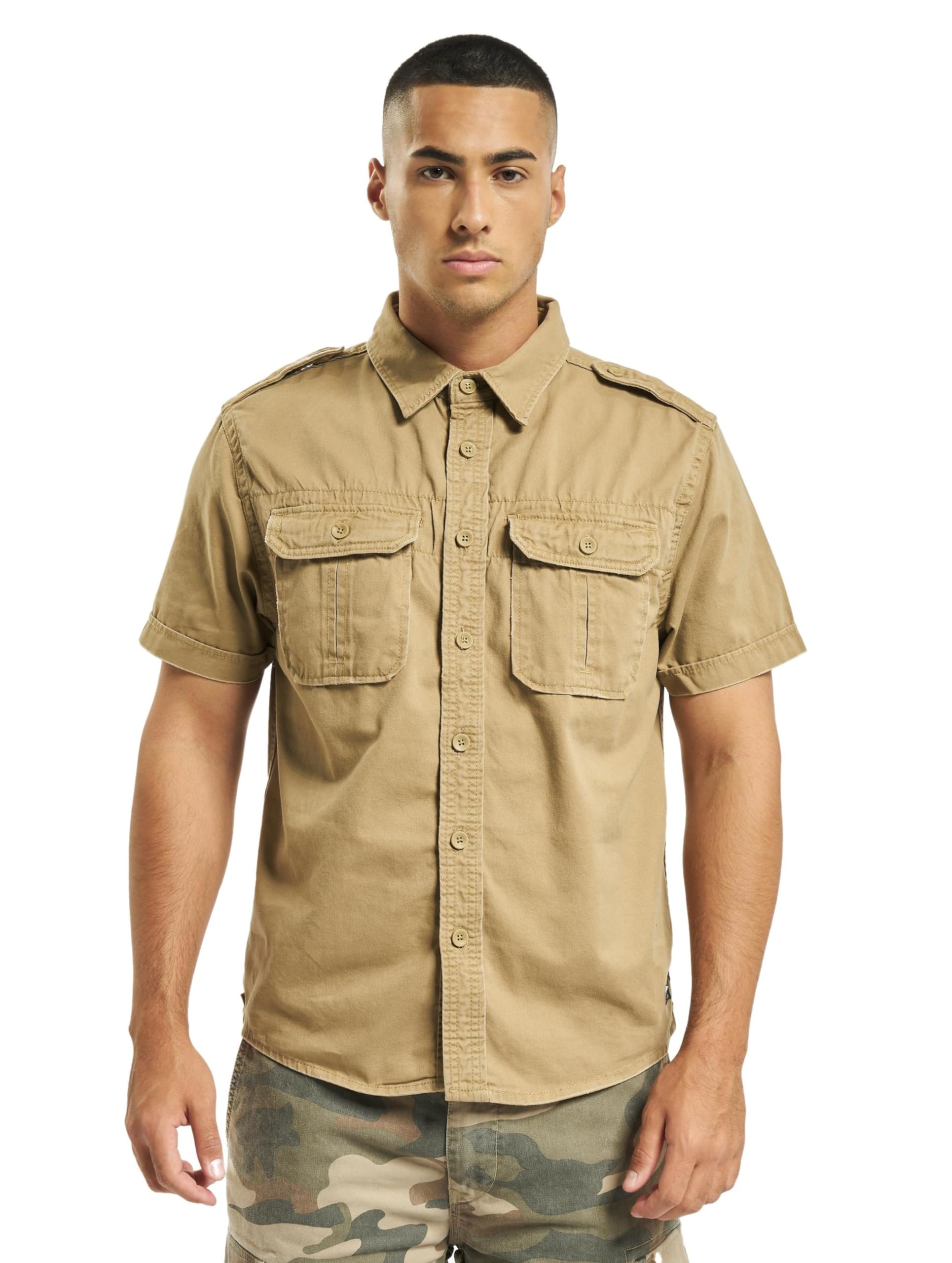 Brandit Men’s Vintage Shirt – Camel Short Sleeve Military Style Button-Up, 6XL