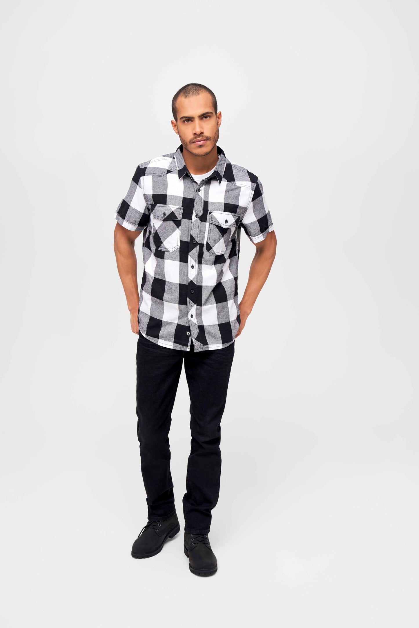 Brandit Men’s Checked Flannel Shirt – White/Black Half-Sleeve Lumberjack, M