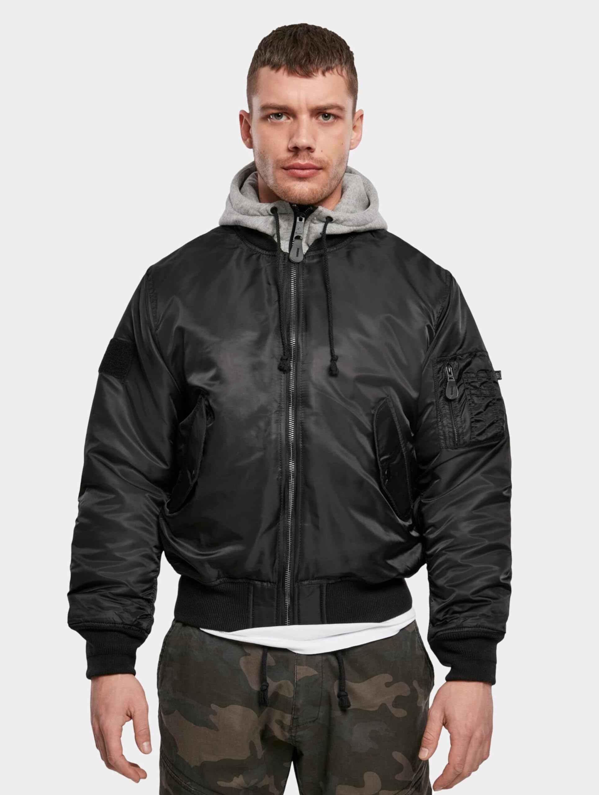 Brandit Men’s MA1 Bomber Hooded Jacket Black/Grey – Classic Flight Jacket 5XL