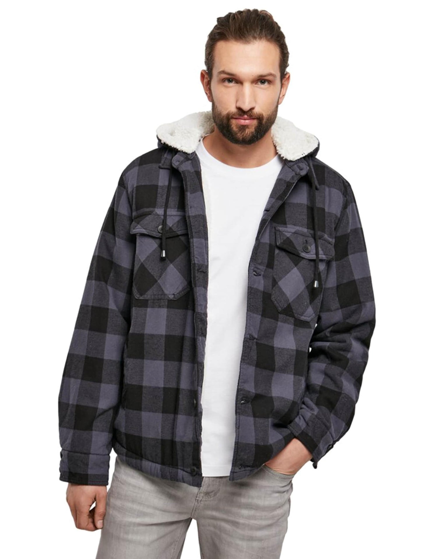 Brandit Hooded Lumberjack Jacket Black/Charcoal XL – Winter Plaid Jacket