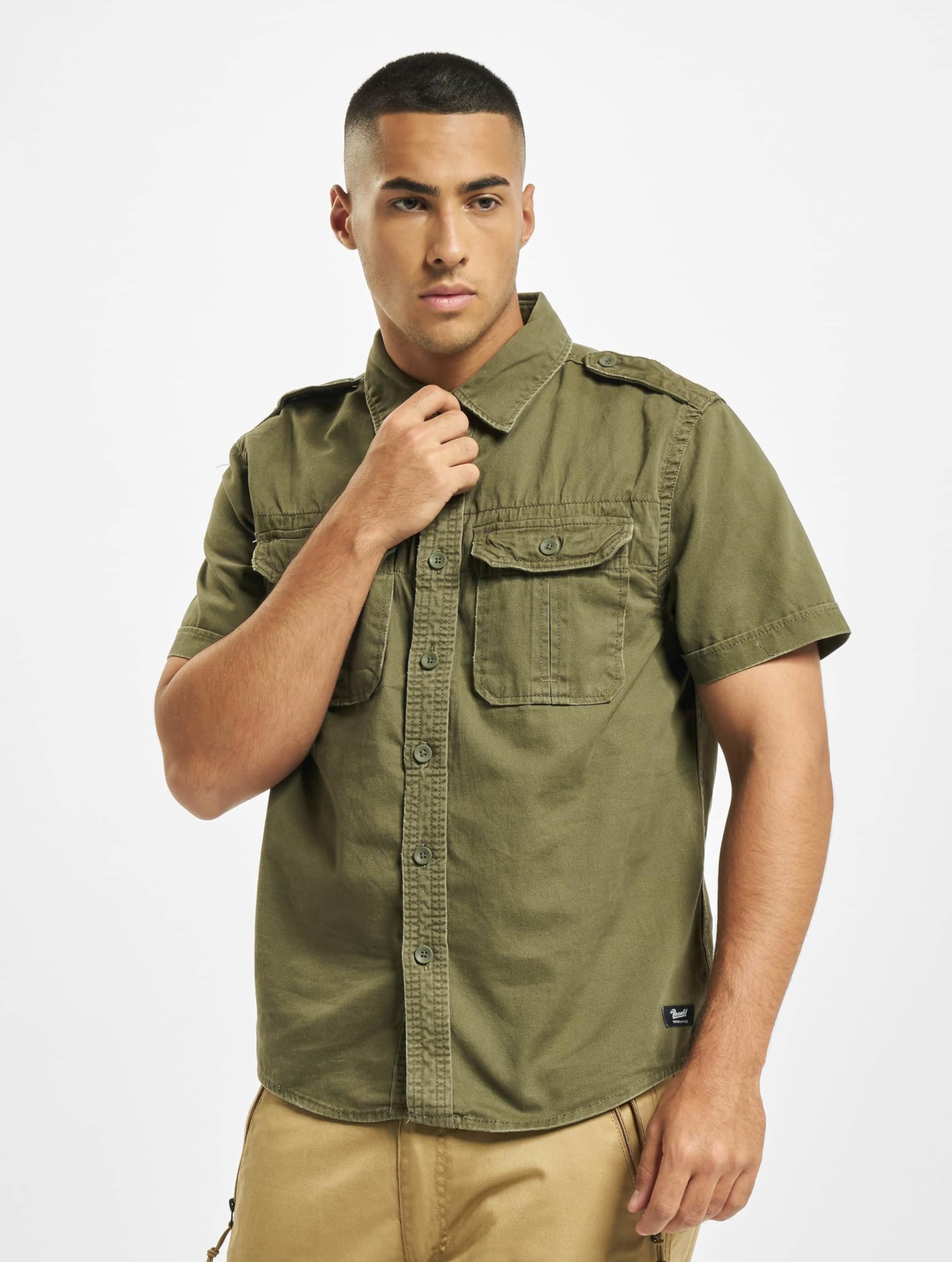 Brandit Men’s Vintage Shirt – Olive Short Sleeve Military Style Button-Up, XXL