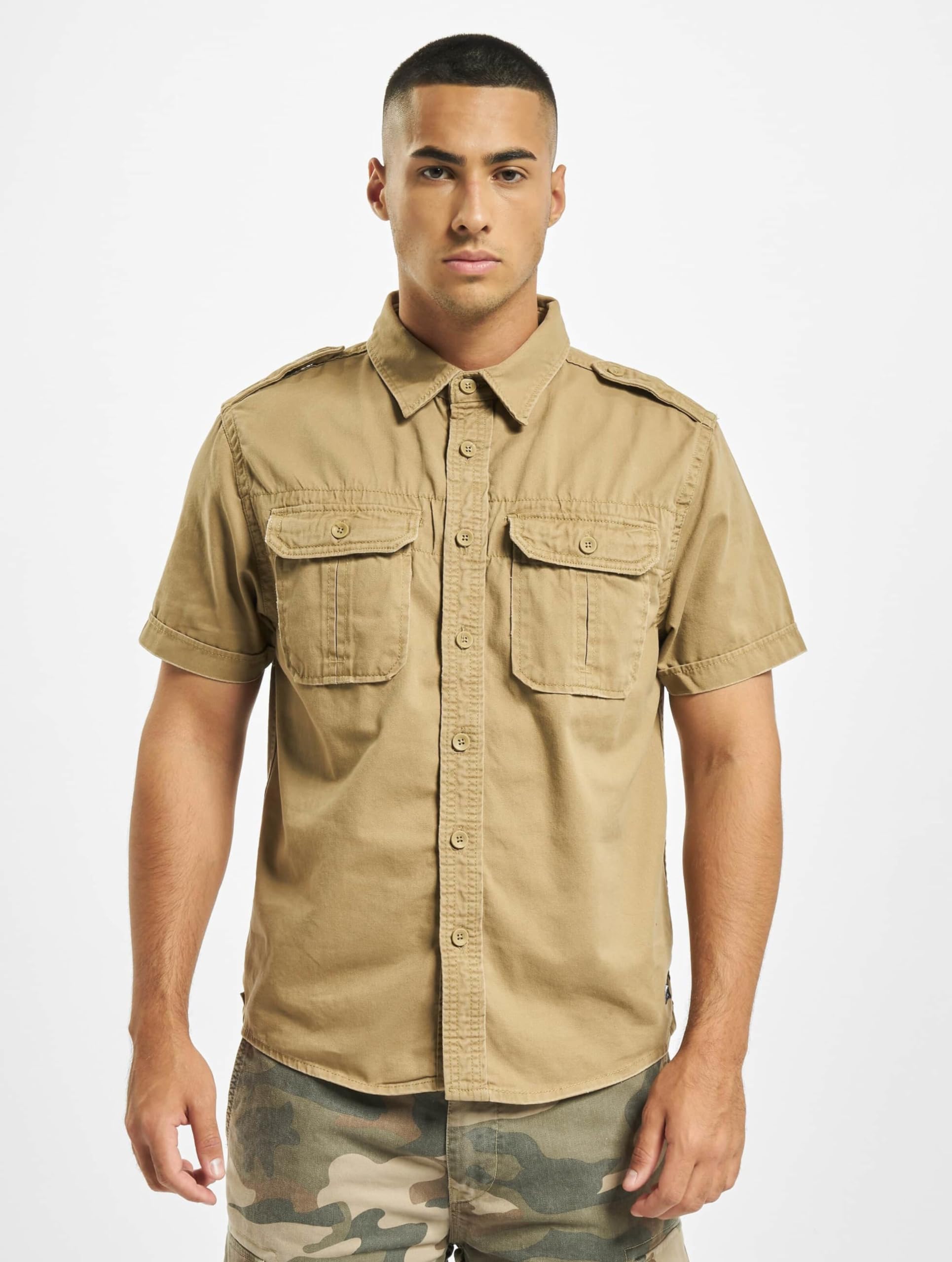 Brandit Men’s Vintage Shirt – Camel Short Sleeve Military Style Button-Up, 6XL