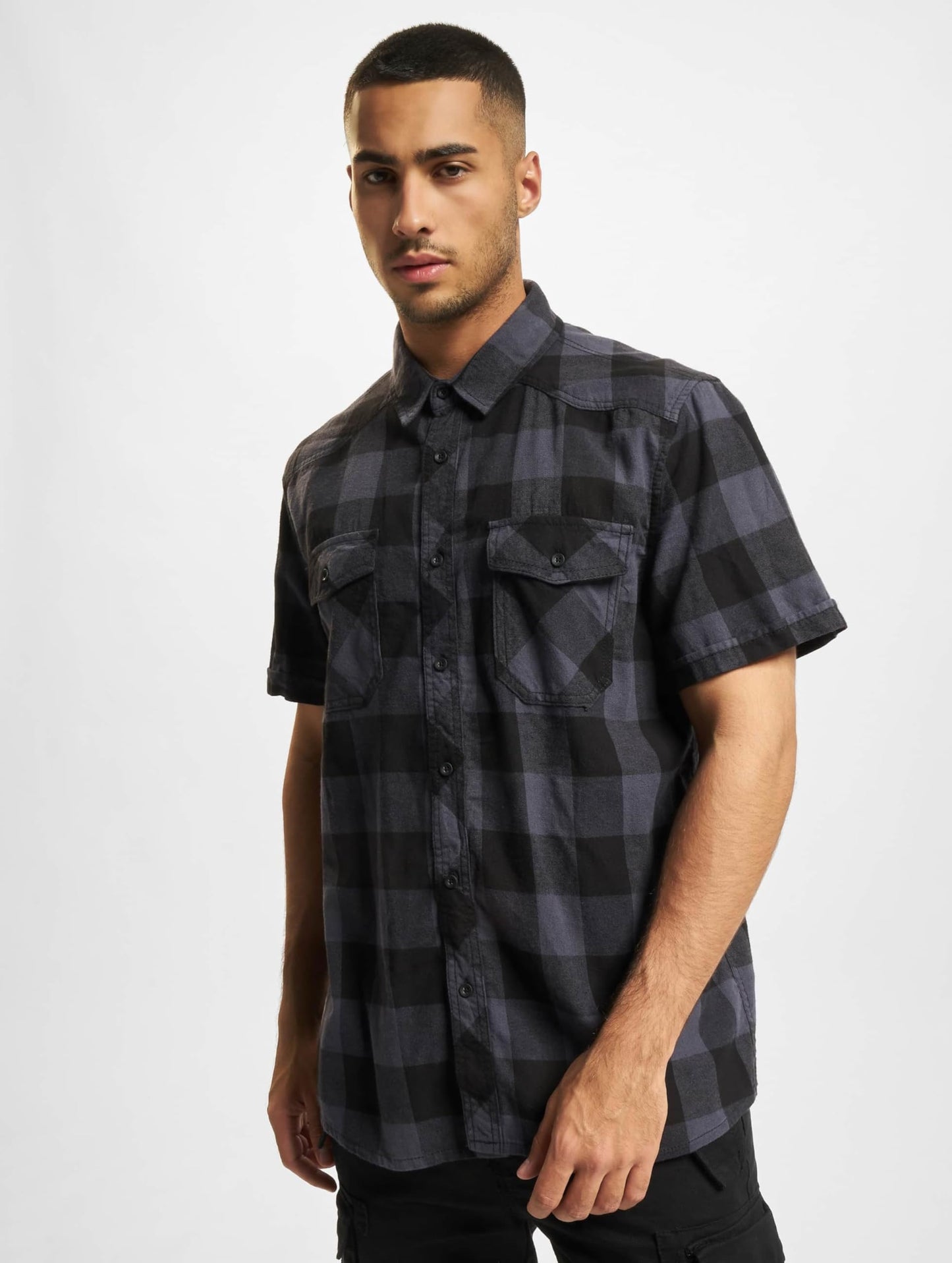 Brandit Men’s Checked Flannel Shirt – Black/Grey Half-Sleeve Lumberjack, 3XL