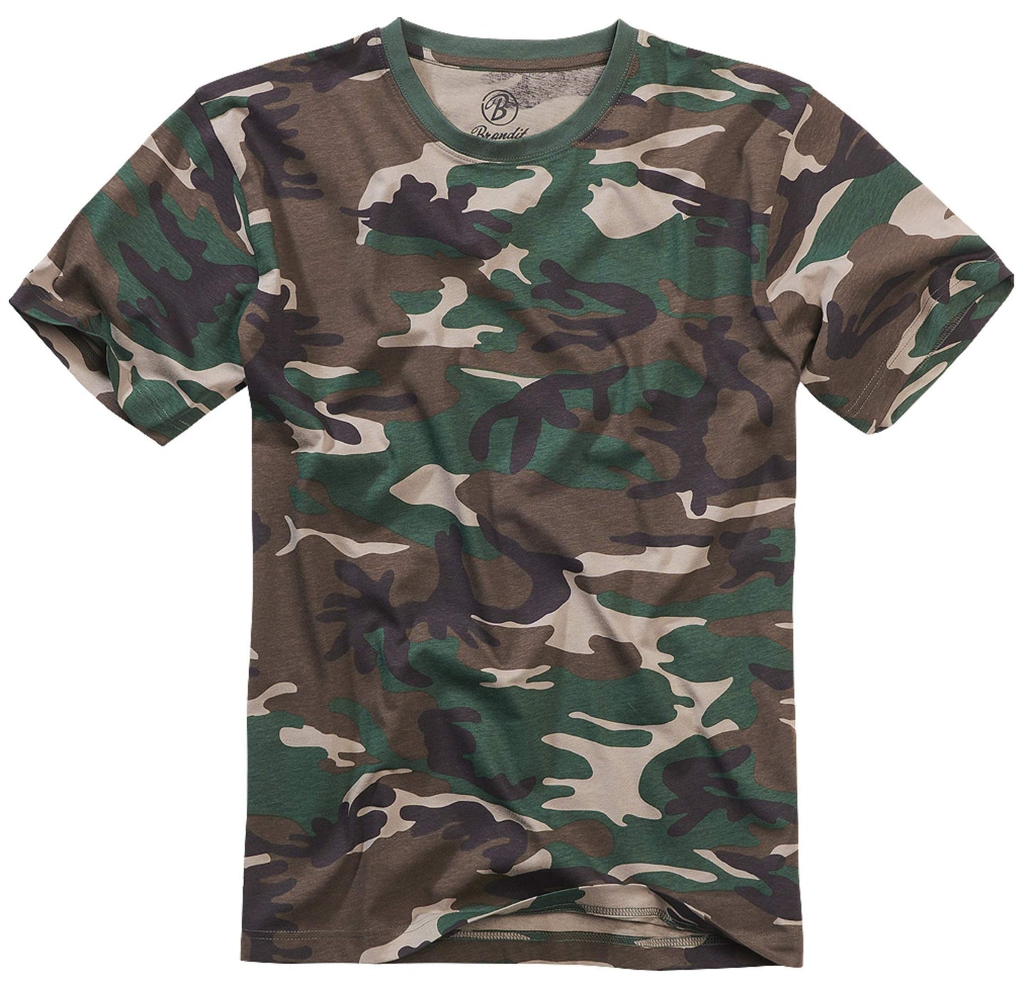 Brandit Men’s T-Shirt – Woodland Camo Cotton Crew Neck Casual Outdoor Top, 6XL