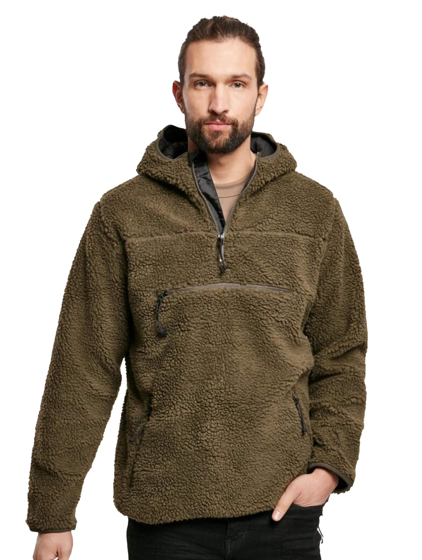 Brandit Men’s Hooded Fleece Quarter Zip Pullover | Warm Outdoor Hoodie