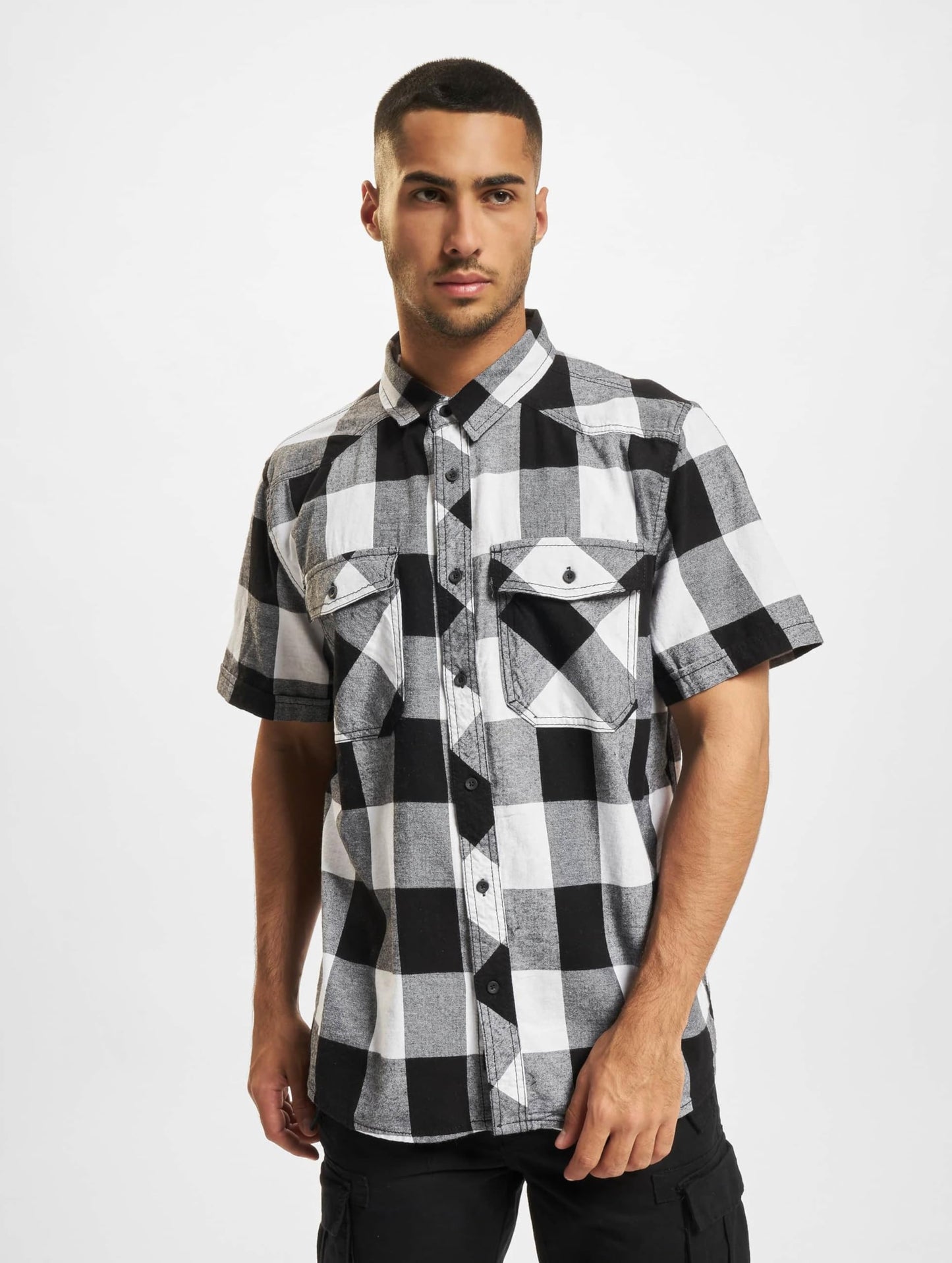 Brandit Men’s Checked Flannel Shirt – White/Black Half-Sleeve Lumberjack, 6XL
